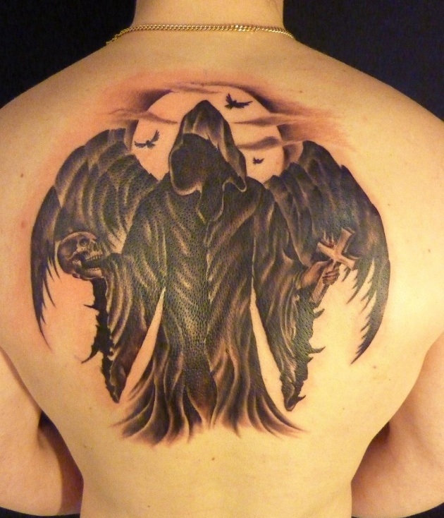 Black And Grey Fallen Angel Tattoo