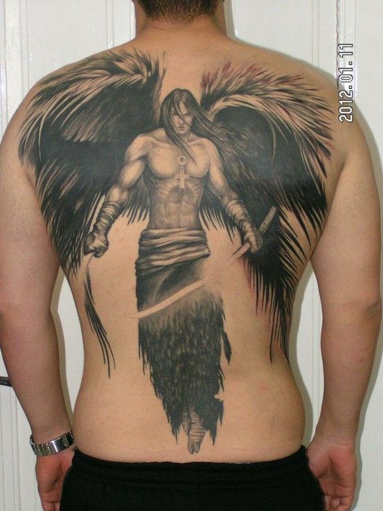 Black And Grey Ink Warrior Angel Tattoo On Full Back
