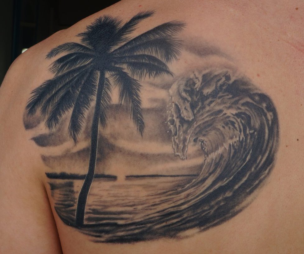 Black And Grey Palm Tree Beach View Tattoo On Left Back Shoulder