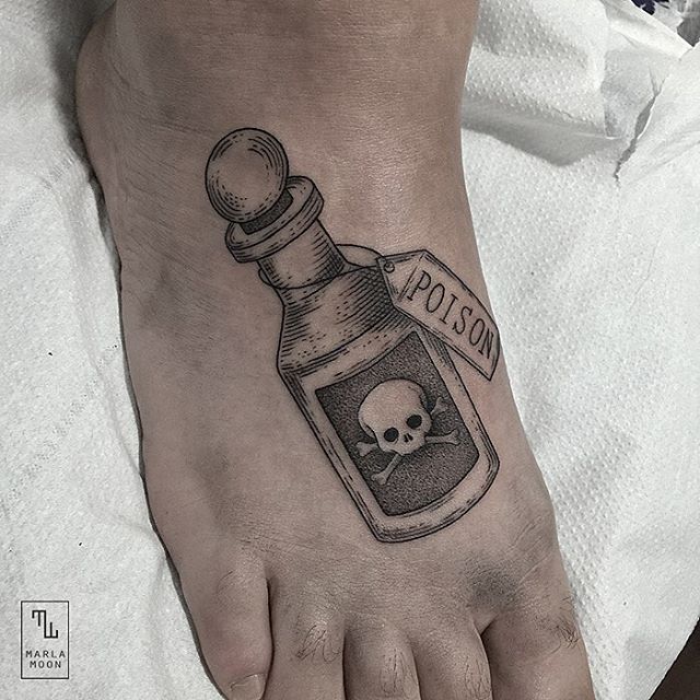 Black And Grey Poison Bottle Tattoo On Foot By Marla Moon