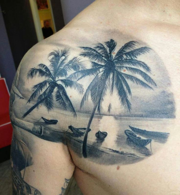 Black And Grey Sun Rise Beach View Tattoo On Right Shoulder By London Reese