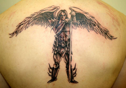 Black And Grey Warrior Angel Tattoo On Back
