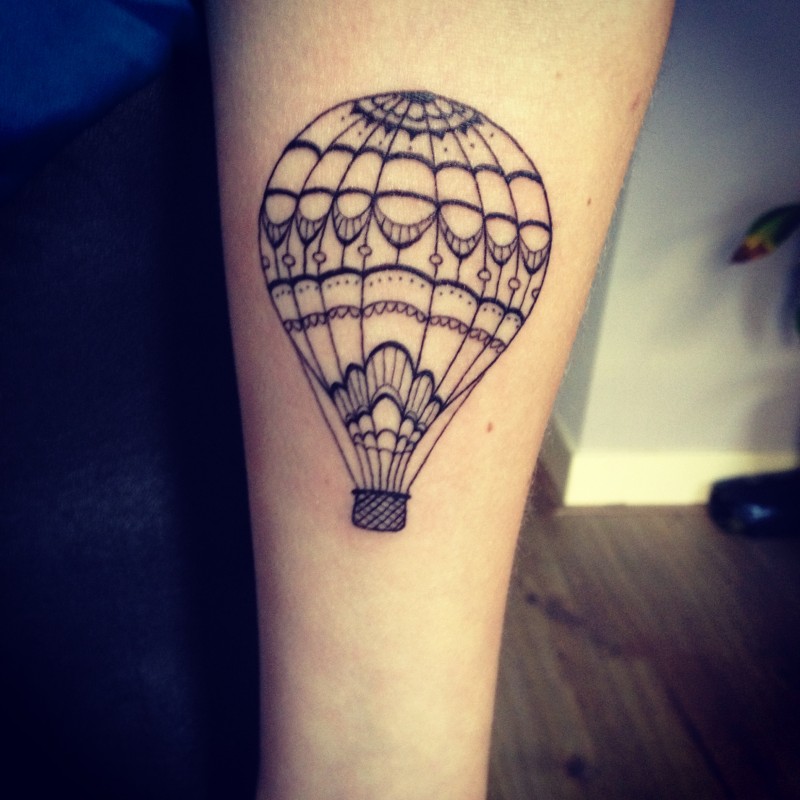 Black Hot Air Balloon Tattoo On Forearm