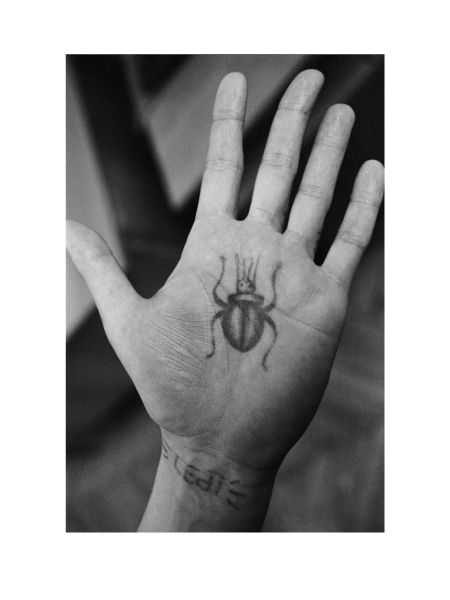Black Ink Beetle Tattoo On Hand Palm