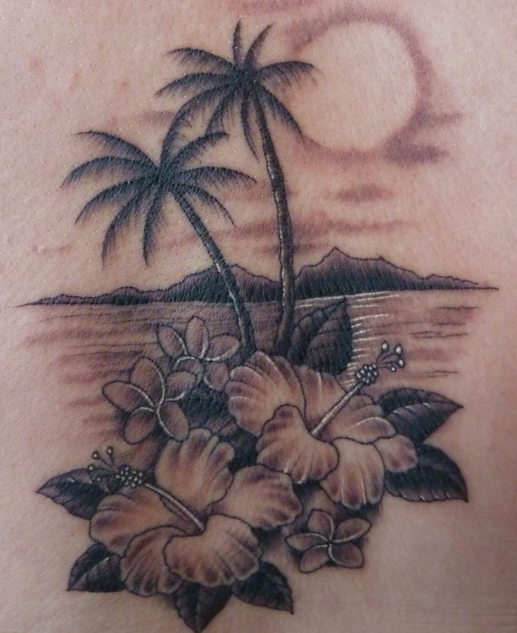 Black Ink Lily Flowers And Beach View Tattoo Design