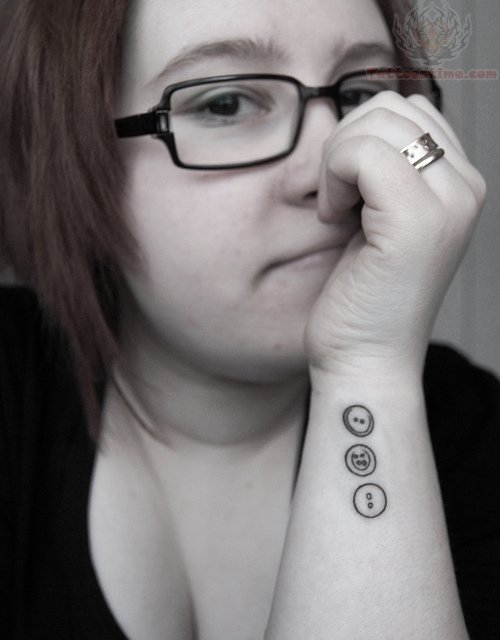 Black Outline Three Buttons Tattoo On Girl Side Wrist