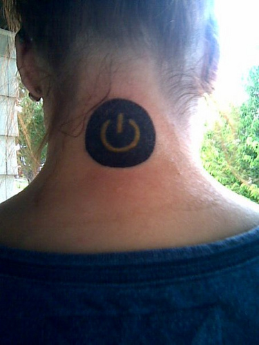 Black Power Button Tattoo On Girl Back Neck By Ncoll17802