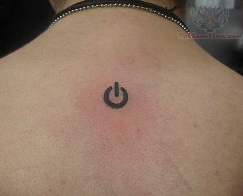 Black Power Button Tattoo On Upper Back