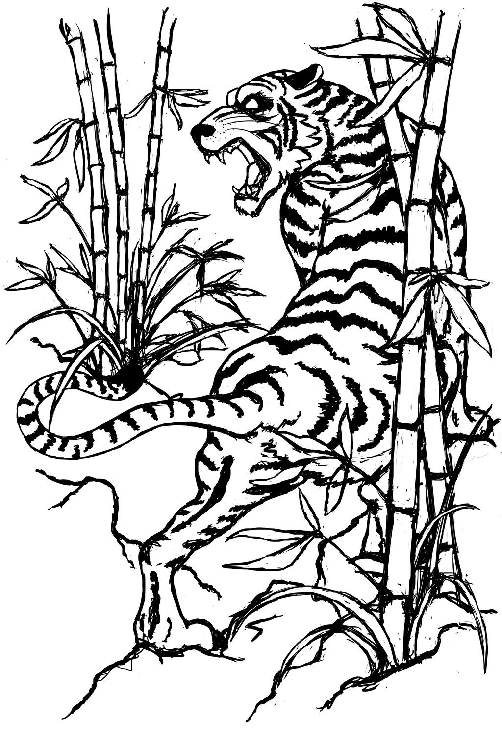 Black Tiger In Bamboo Trees Tattoo Stencil By Jdstone