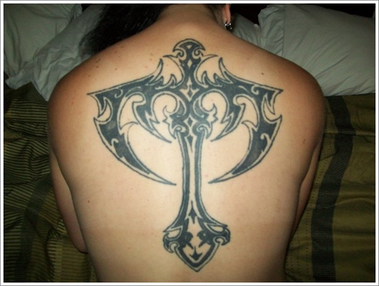 Black Tribal Cross Tattoo On Back Body