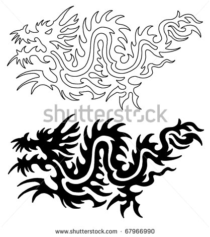 Black Two Asian Tribal Dragon Tattoo Stencil