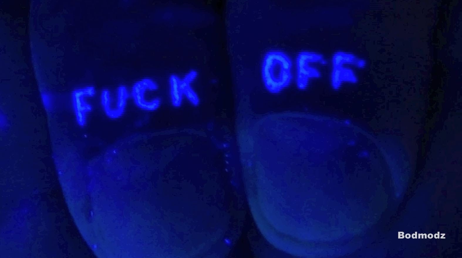 Blacklight Fuck Off Lettering Tattoo On Fingers