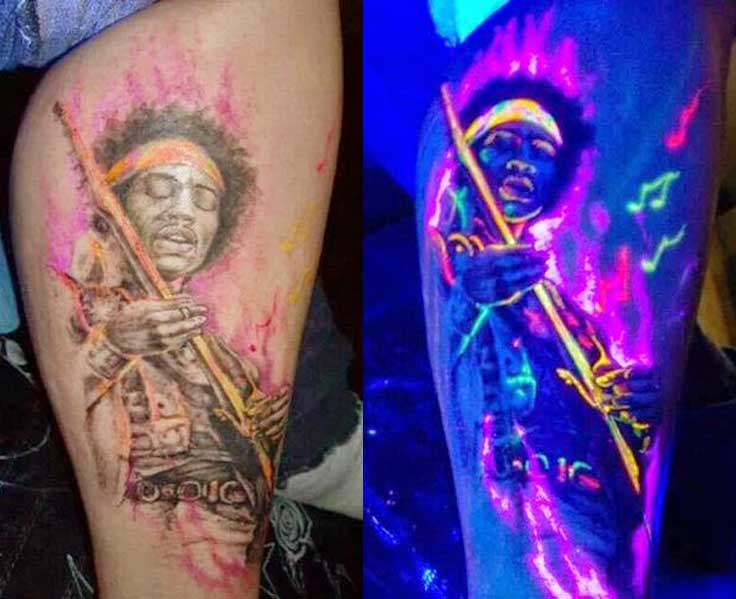 Blacklight Jimi Hendrix Tattoo On Leg