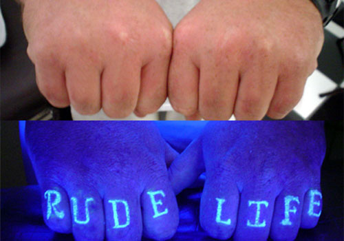 Blacklight Rude Life Lettering Tattoo On Both Fingers