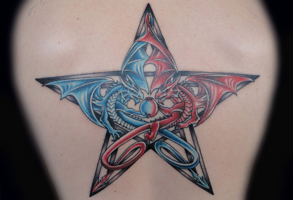 Blue And Red Dragon 3D Star Tattoos Design