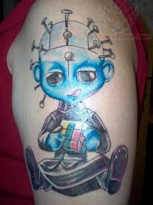 Blue Ink Pin Head Alien Tattoo On Left Shoulder