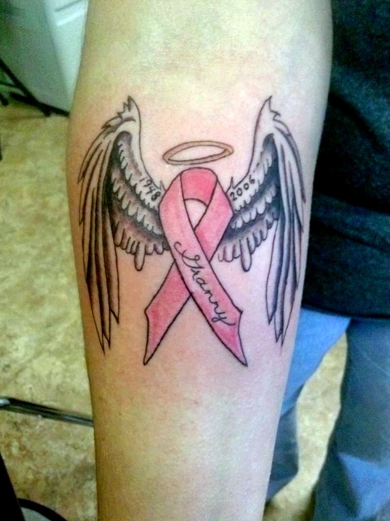 Breast Cancer Logo With Angel Wings Tattoo On Forearm