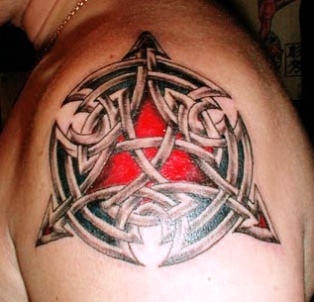 Celtic Knot Red Ink Tattoo On Man Left Shoulder