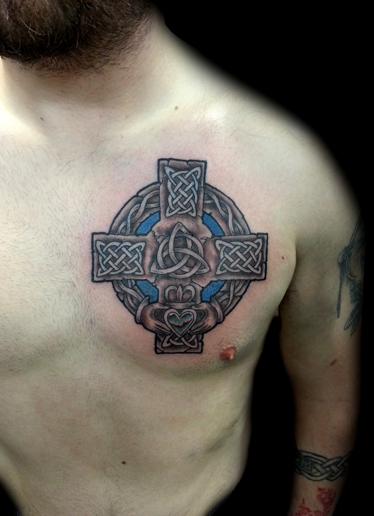 Claddagh and Celtic Cross Tattoo On Chest For Men