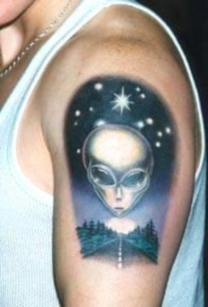 Color Ink Cute Alien Tattoo On Left Half Sleeve