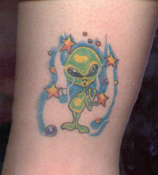 Color Stars And Cute Green Ink Alien Tattoo