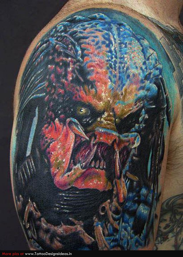 Colorful Ancient Alien Tattoo On Half Sleeve