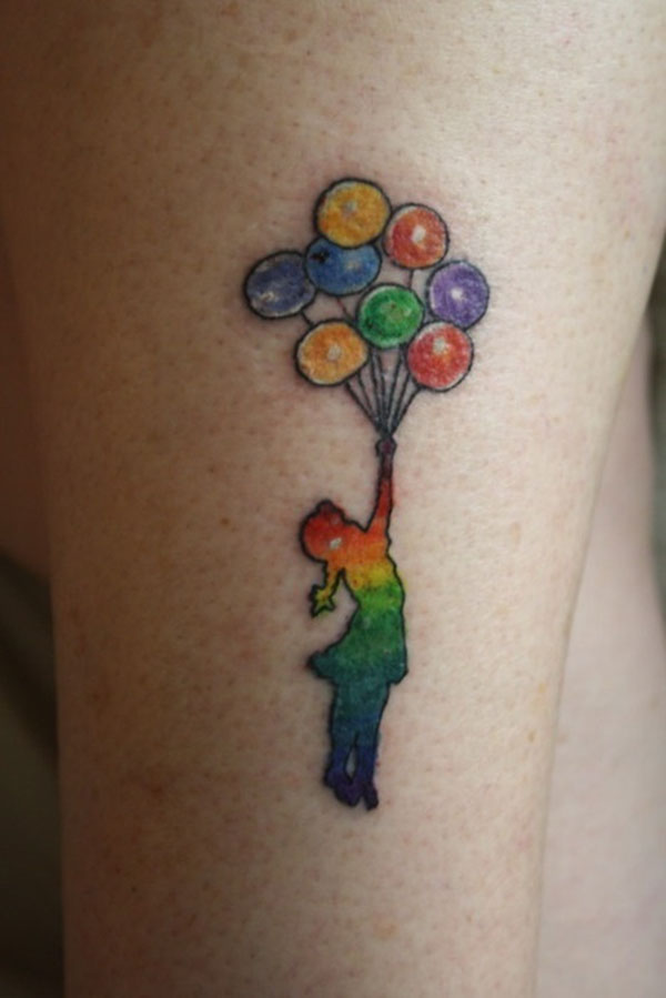 Colorful Banksy Girl With Balloons Tattoo Design For Shoulder