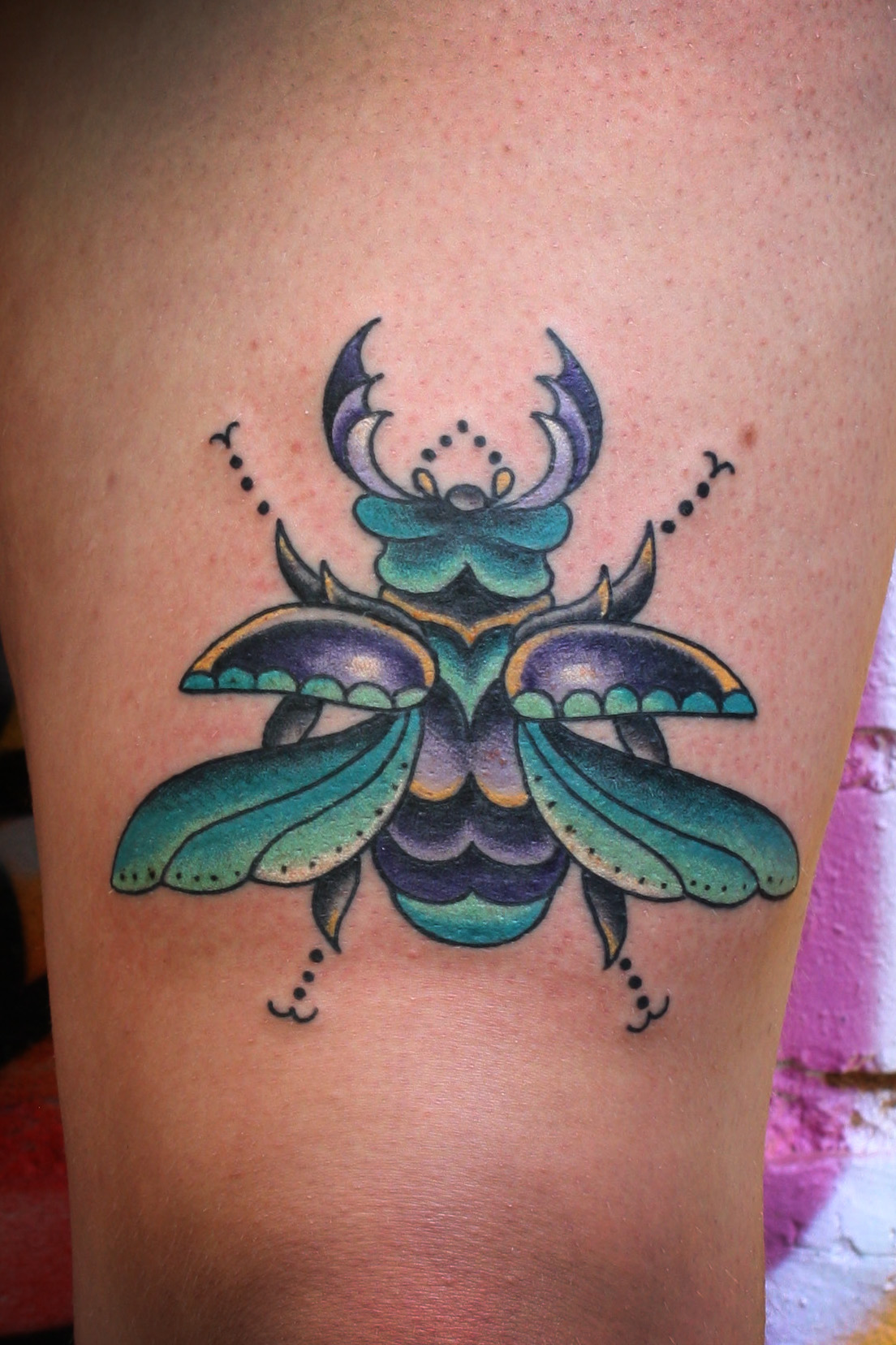 Colorful Beetle Tattoo Design For Thigh
