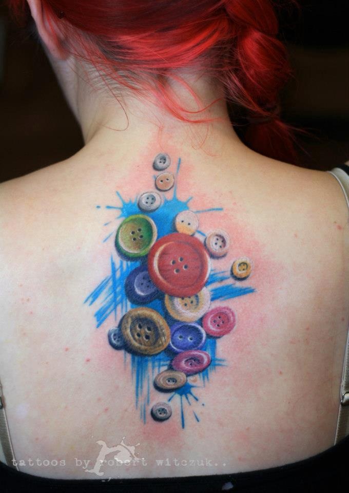 Colorful Buttons Tattoo On Girl Upper Back