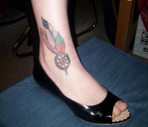 Colorful Dreamcatcher Tattoo On Girl Right Ankle
