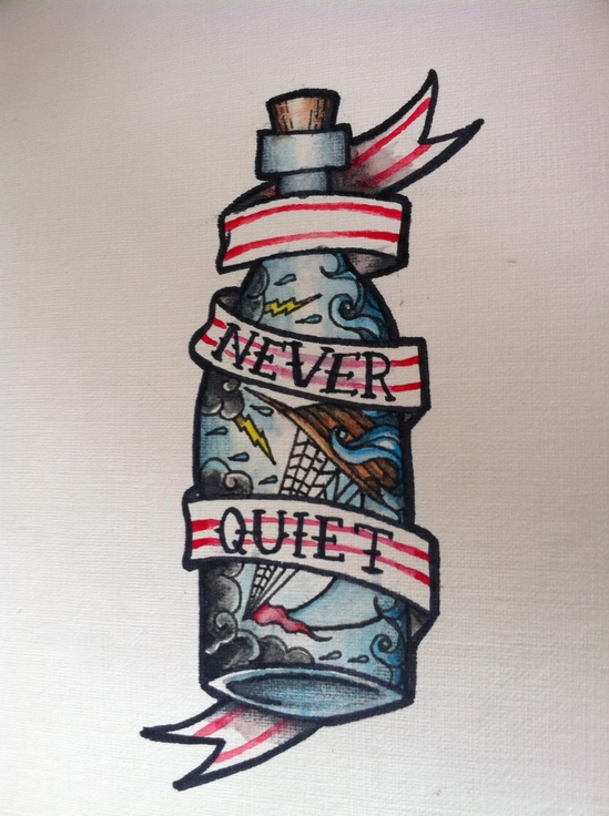 Colorful Ship In Bottle With Banner Tattoo Design