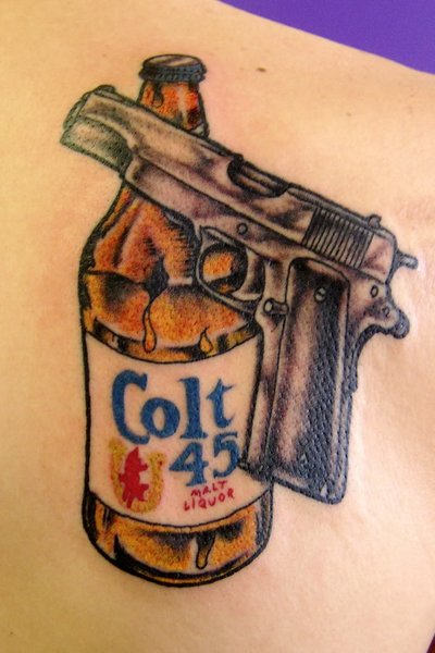Colt 45 Bottle With Gun Tattoo Design