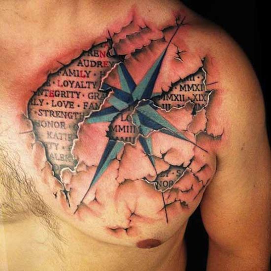 Cracked Skin With 3D Star Tattoo On Chest For Men