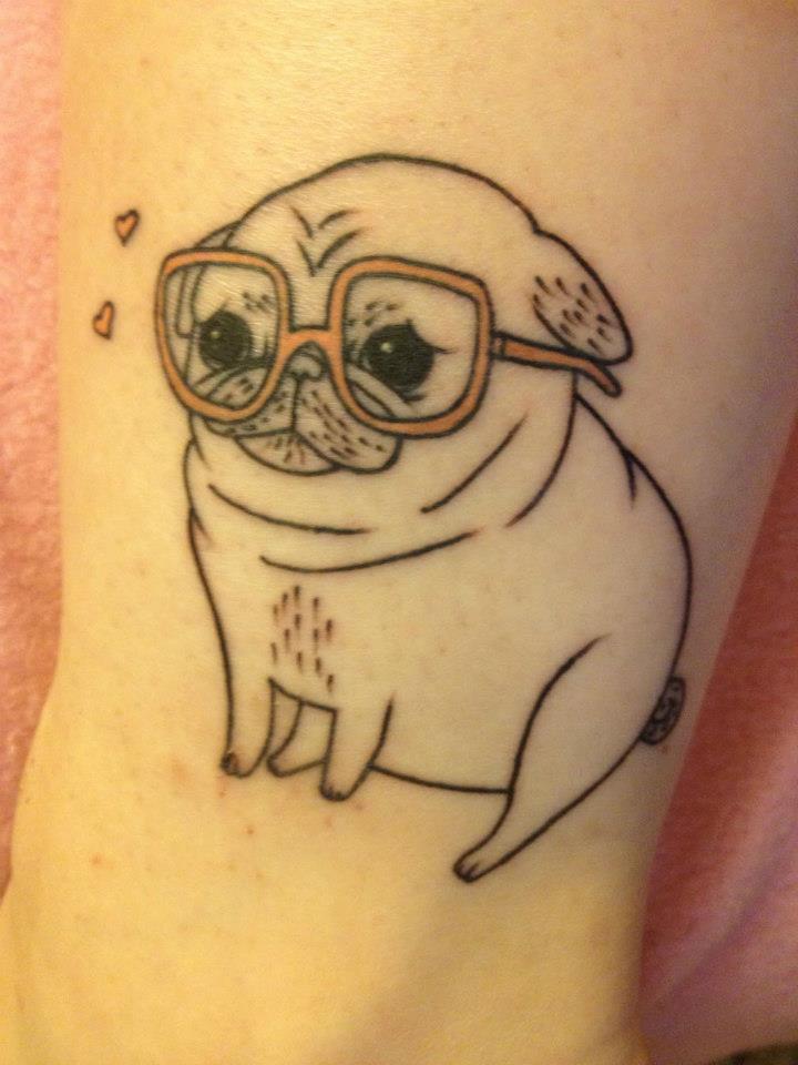 Cute puppy with glasses tattoo on ankle
