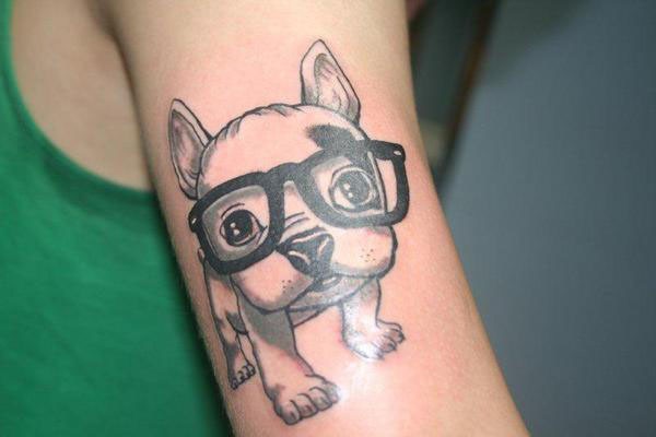 Cute puppy with spectacle tattoo on arm