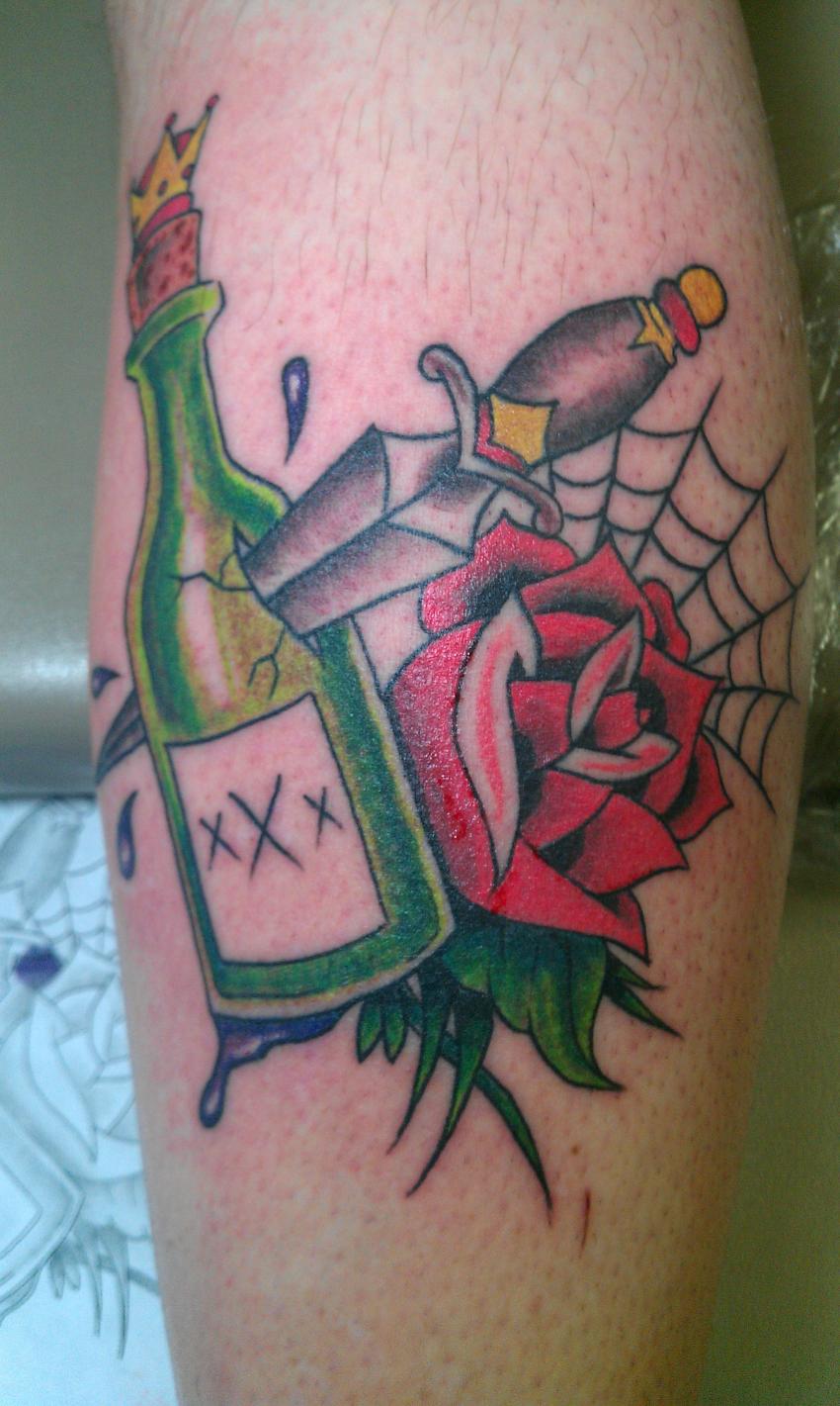 Dagger In Bottle With Red Rose Tattoo Design For Leg