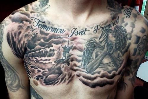 Fallen Angel Chest Tattoo Designs For Men