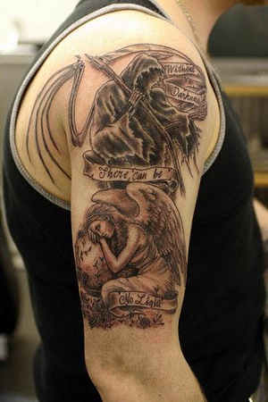 Fallen Angel Tattoo On Man Right Half Sleeve