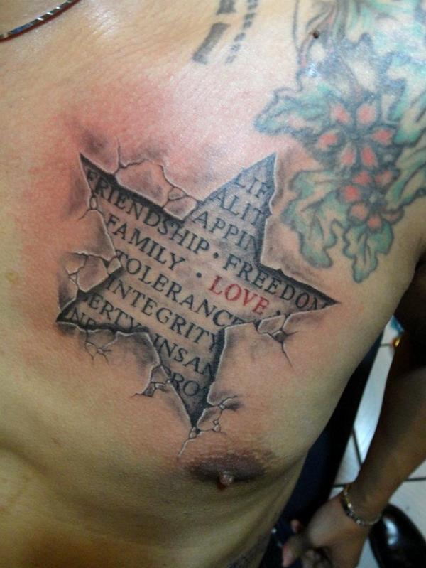 Flowers And 3D Star Tattoo On Chest For Men