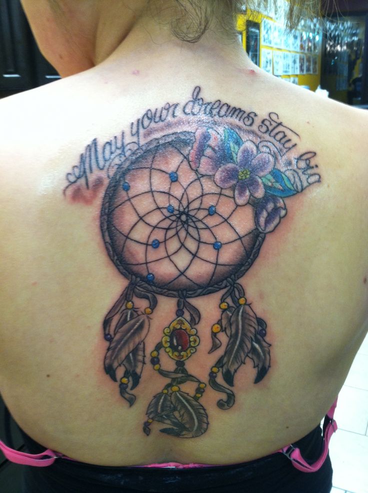 Flowers And Dreamcatcher Tattoos On Upper Back