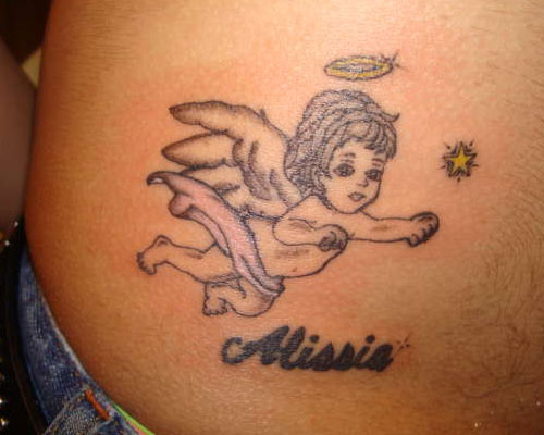 Flying Baby Angel Tattoo On Lower Back