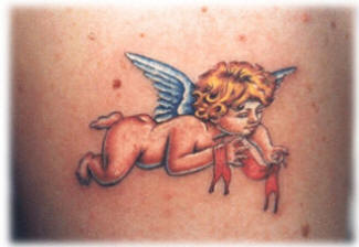 Flying Baby Angel With Red Ribbon Tattoo