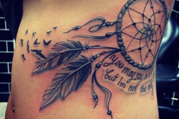Flying Birds And Dreamcatcher Tattoo On Rib With Quote