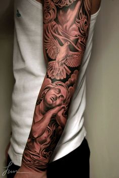 Flying Dove And Sleeping Angel Sleeve Tattoo