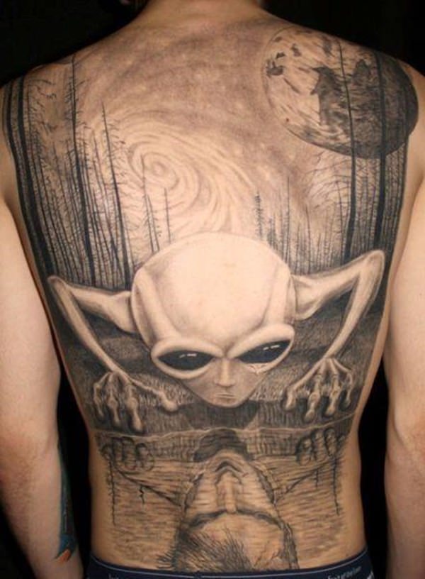 Full Back Body Grey Alien Tattoo