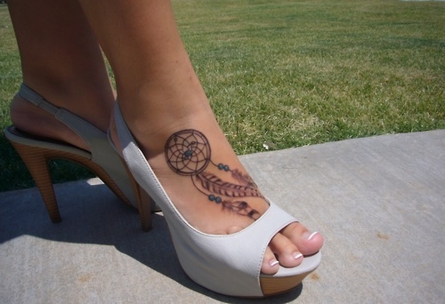 Girl Have Dreamcatcher Tattoo On Right Foot
