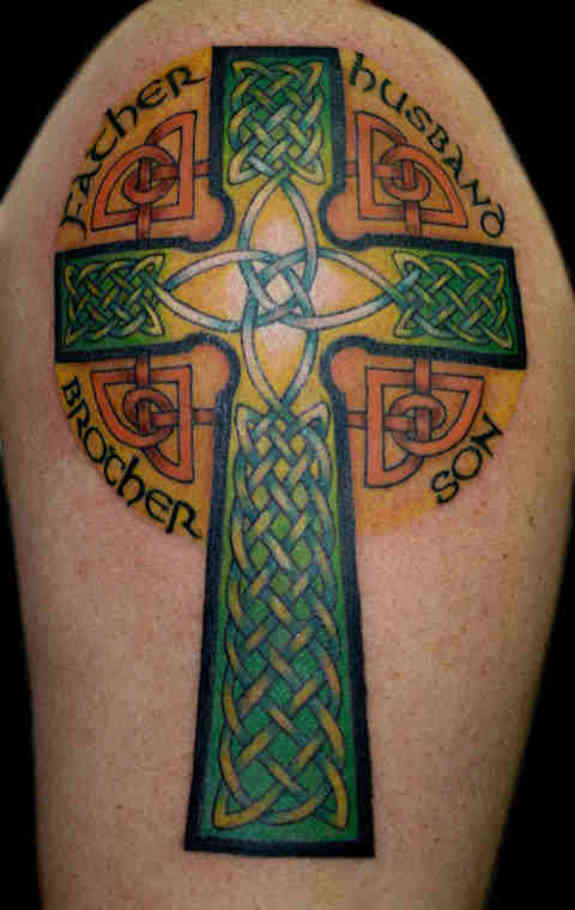 Green Celtic Cross Tattoo On Shoulder