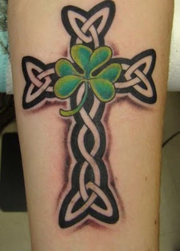 Green Clover Leaf And Black Celtic Cross Tattoo