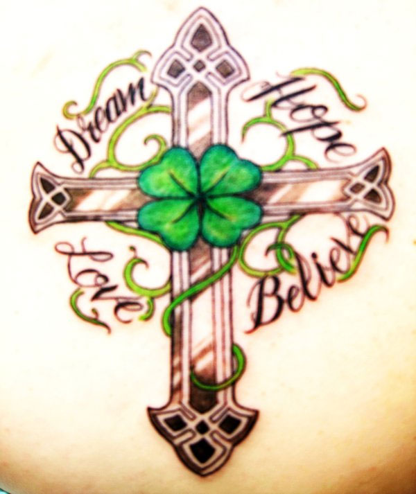 Green Clover Leaf And Celtic Cross Tattoo