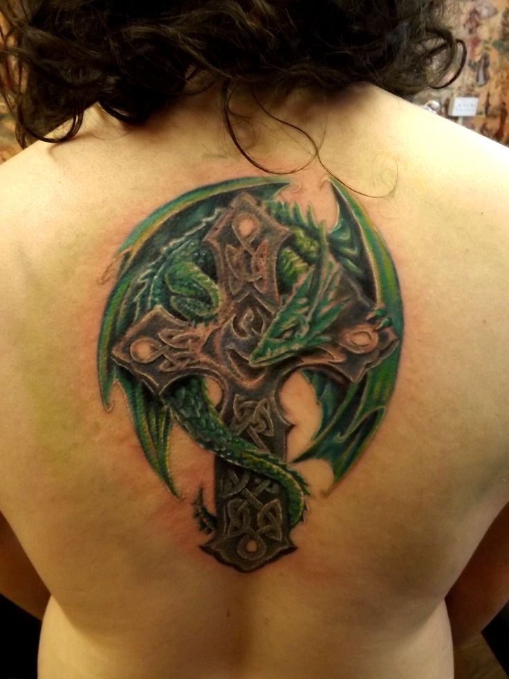 Green Dragon And Celtic Cross Tattoo On Girl Back